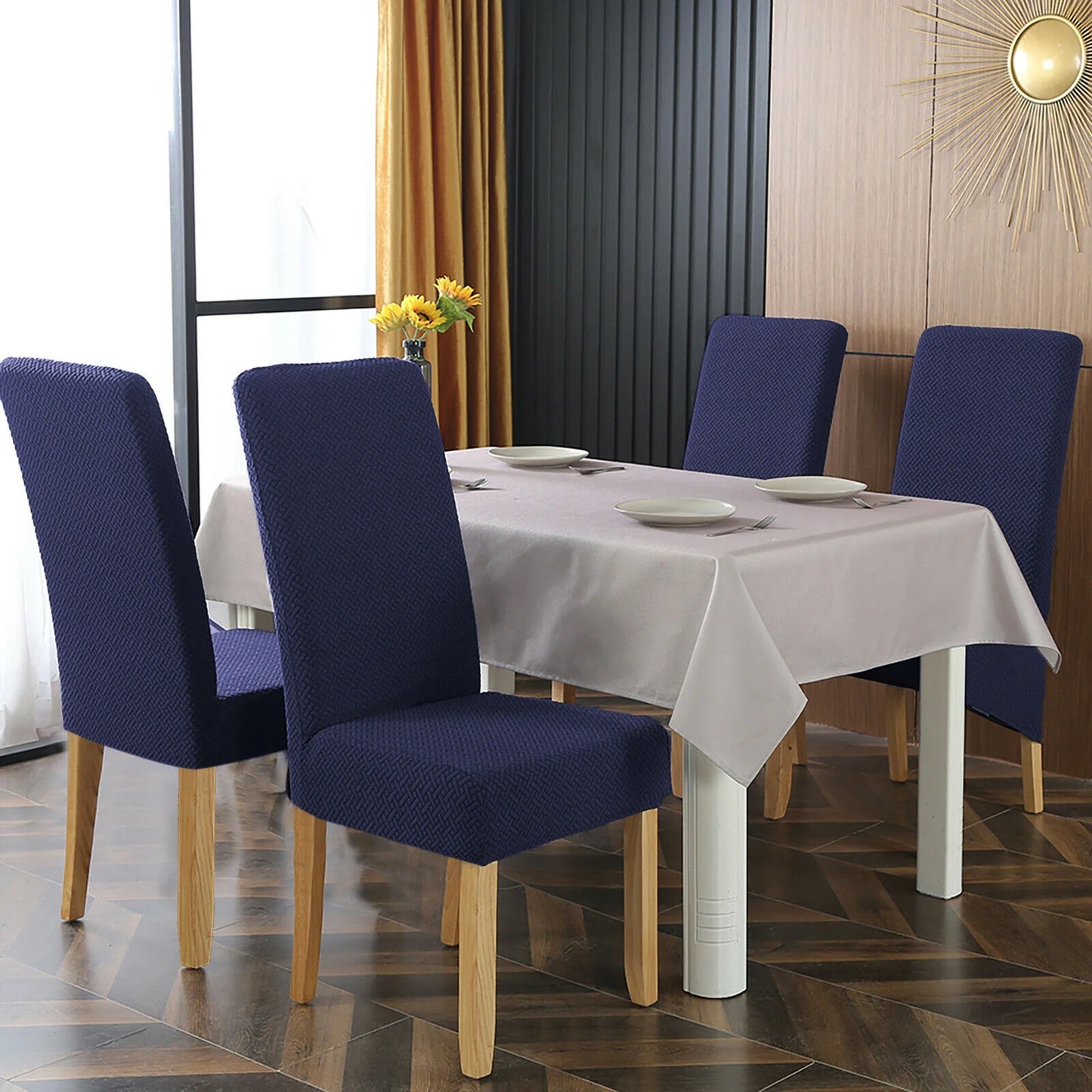 Ticked Jacquard Style Velvet Touch Dining Chair Covers